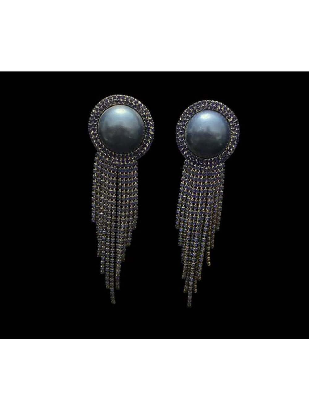 Blue Faux Pearl Rhinestone Fringe Earrings -  Clip On